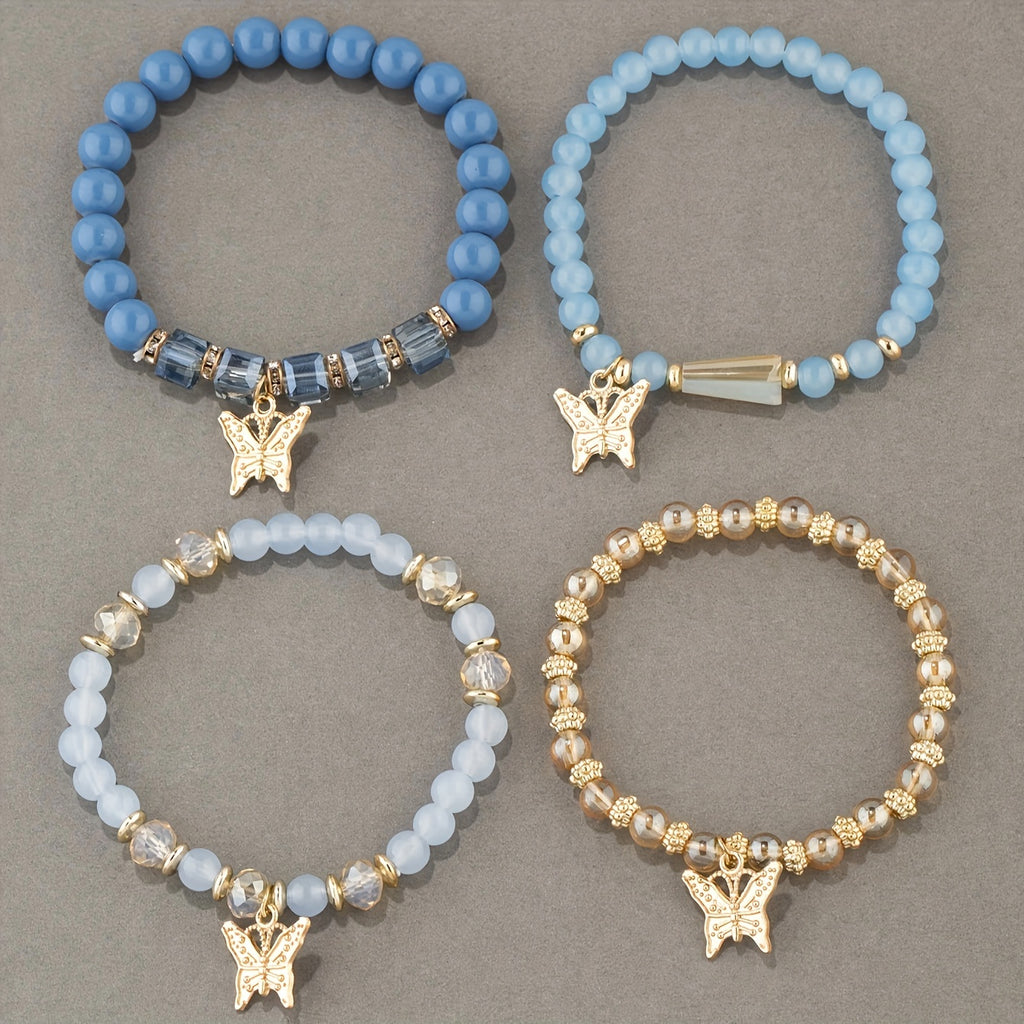 7 sets (a total of 28pcs) of multi-layer beaded stackable bracelet sets, artificial butterfly pendant jewelry sets, multi-layer beaded elastic bracelets, handmade jewelry sets -DIY beaded jewelry