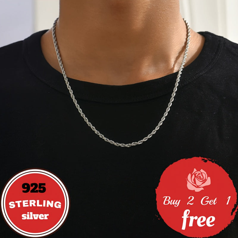 Italian Pure Handmade, 3Mm 925 Sterling Silver Twist Woven Necklace, Suitable for Holidays, Parties, Music Festivals, Give Him/Her Birthday, Valentine'S Day The Best Gift, Gift Box Packaging, Total Weight of The Product(6.24G)