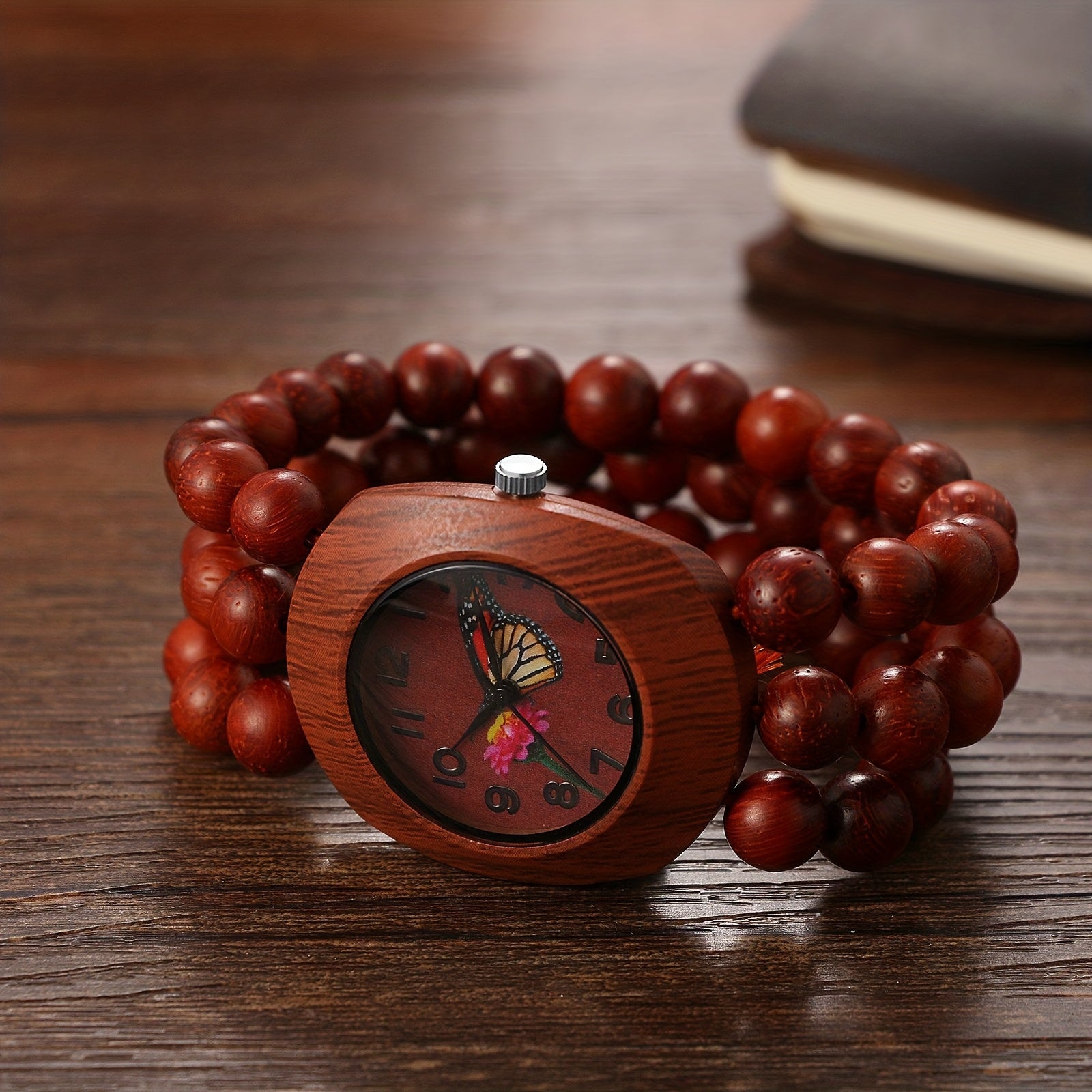 Women Wood Beaded Elastic Bracelet Band Watch Butterfly Dial Arabic Numerals Analog Quartz Boho Wristwatch
