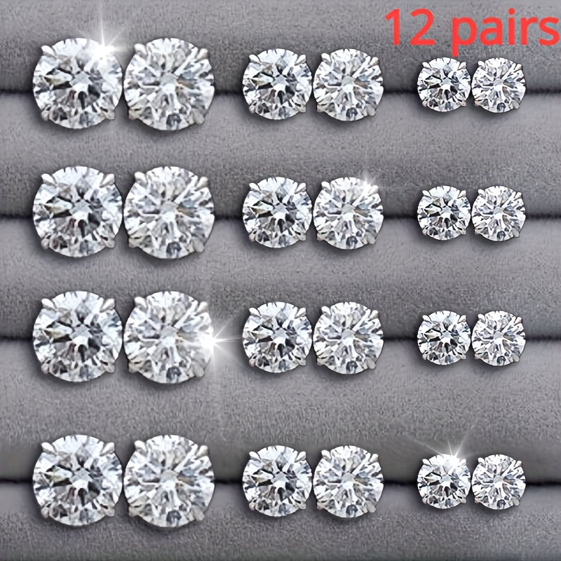12 Pairs/ sets of Stylish 925 Silver Plated Earrings and Inlaid Synthetic Synthetic Zircon Simple Earrings for Men and Women Everyday Wear
