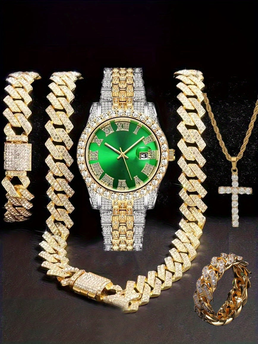 Men'S Hip Hop Set: Trendy Watch, Cuban Chain Pendant Necklace And Bracelet Combo, Stylish Men'S Additions Gift for Christmas, Birthday, Valentine'S Day, And Father'S Day