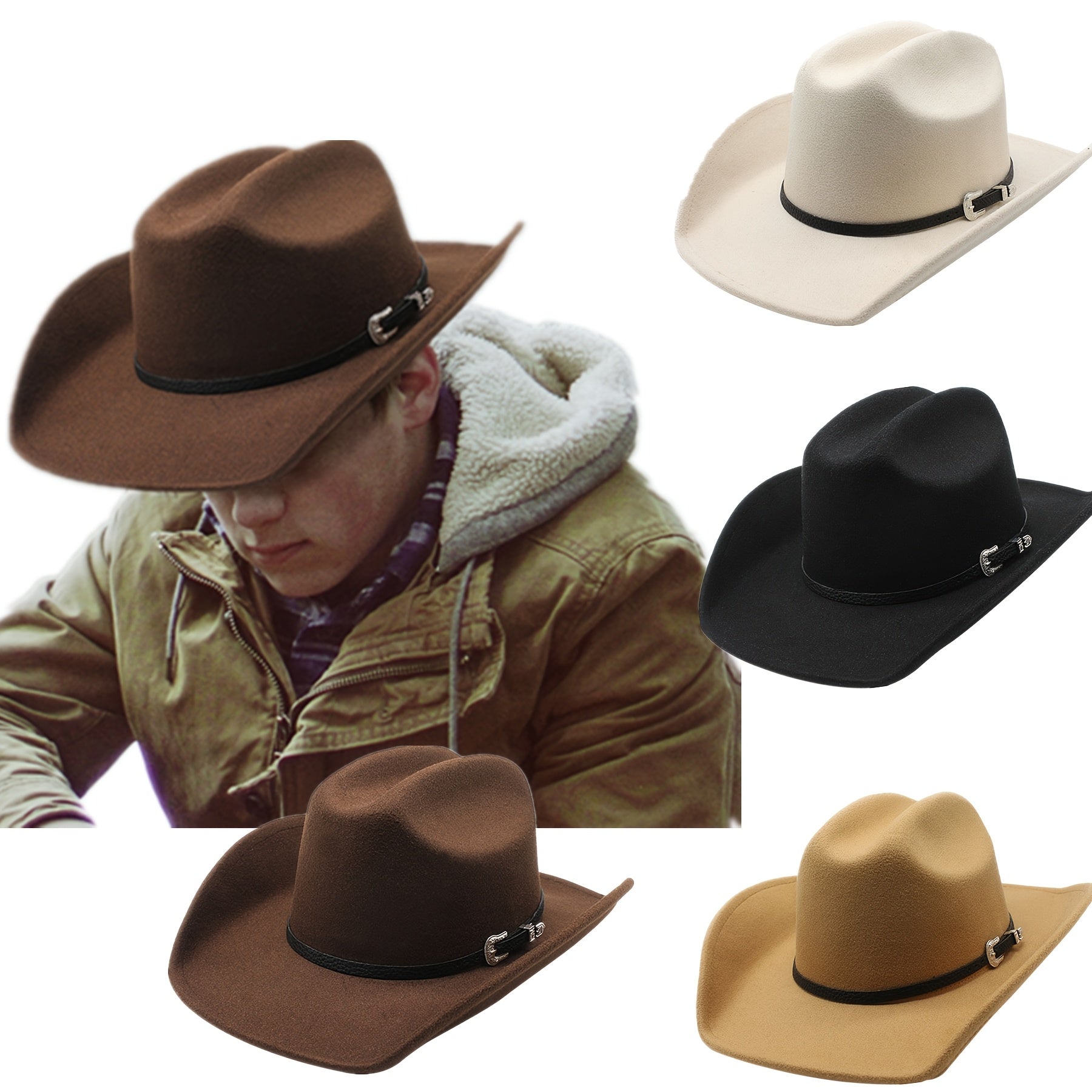 [Western Cowboy Hat] Men's Women's Western Cowboy Cowgirl Fedora Hat Felt Wide Brim Classic Outdoor Cap