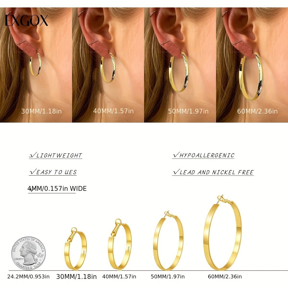 1 Pair 925 Sterling Silvery Hoop Earrings for Women Hypoallergenic Earrings Cartilage Earring, Perfect for Simple And Leisure Style Parties And Gifts, for Women (30/40/50/60mm)