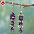 925 Silver Retro Amethyst Three Stone Earrings Lightweight Long Style Square Elliptical Water Drop Pendant Earrings Are The Best Christmas And Birthday Gifts for Yourself And Your Loved Ones