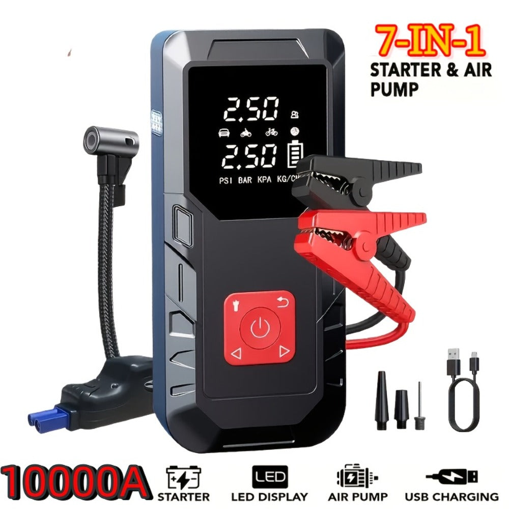 10000A Portable Car Jump Starter Optional10000A Portable Car Jump Starter (with 350PSI Tire Inflator) 9-in-1 Car Battery Charger Jump Starter Accessories And Tools LED Light USB Type-C And Output Interfaces Fast Charging Function, Suitable As Gift