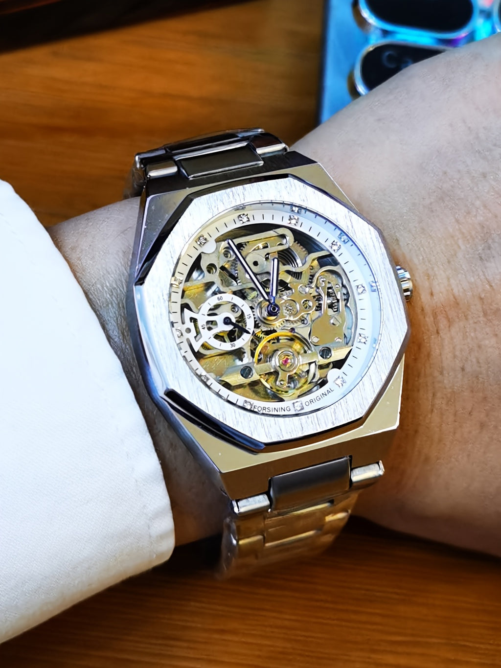 1pc FORSINING Men's Luxury Mechanical Watch - Skeleton Tourbillon, Luminous Hands, Stainless Steel Band, Irregular Case, Fashion Casual Style, Ideal for Christmas, Father's Day Gift, Luxury Business Watch | Automatic Watch | Without Battery