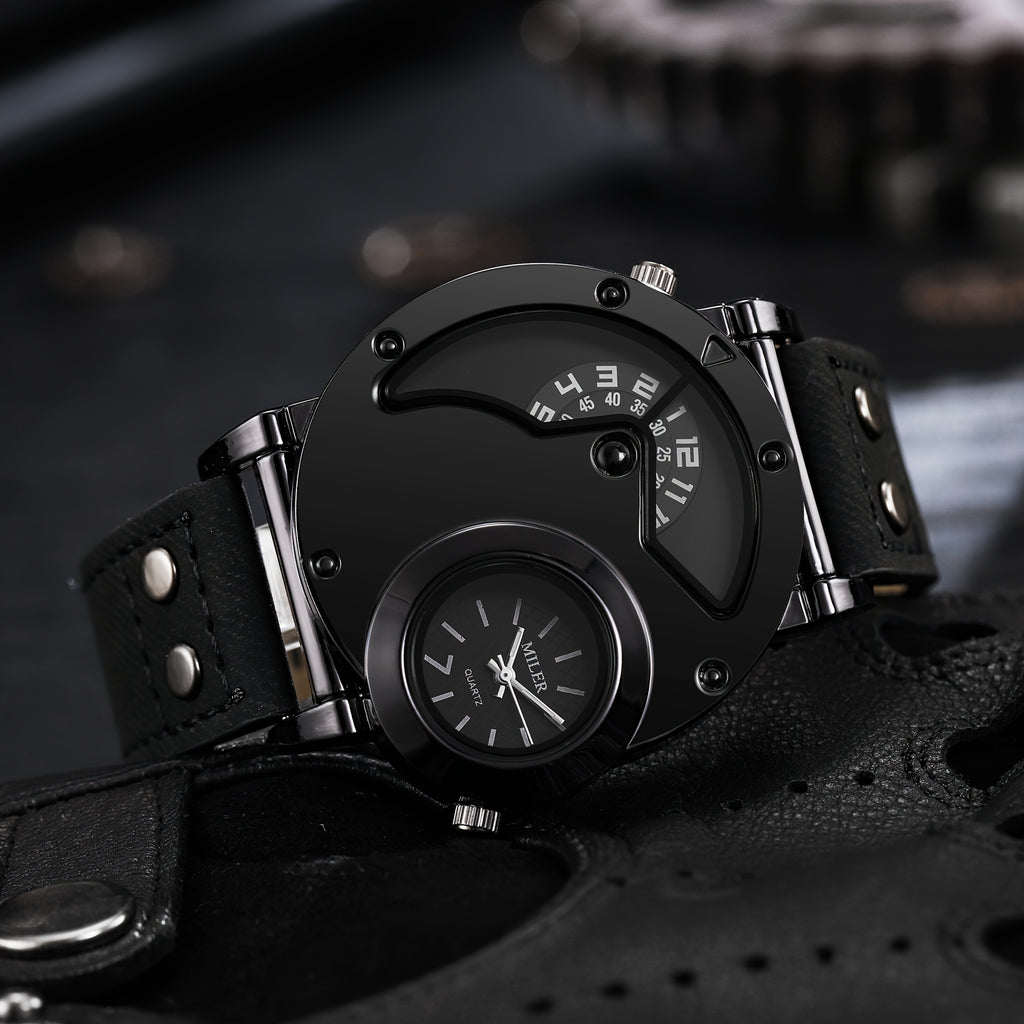 Vintage Men Watch Big Dial Double Time Shows PU Leather Business Quartz Watches for Man Analog Hot Deal Clock