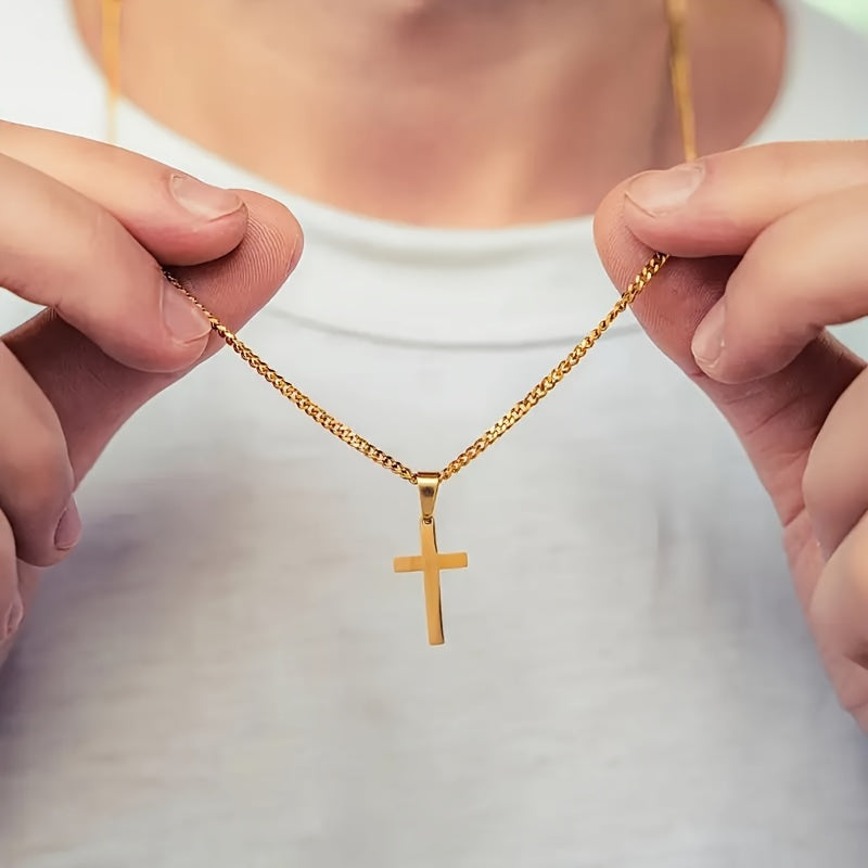 1 men's fashionable cross pendant necklace, plated with 18K golden Cuban chain, stainless steel men's minimalist casual necklace