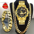 [Sporty Watch Set] 3pcs Men'S Quartz Watch Set Men'S Bracelet Men'S Necklace Stainless Steel Bracelet Set Casual Watch for Men