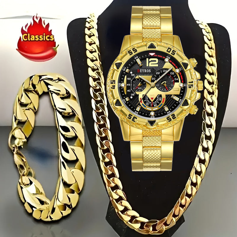 [Sporty Watch Set] 3pcs Men'S Quartz Watch Set Men'S Bracelet Men'S Necklace Stainless Steel Bracelet Set Casual Watch for Men