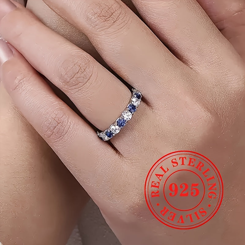 [Valentine's Day Gift] 925 Sterling Silver Easy And Fashionable Set With Blue And White Synthetic Zirconia Ring For Women's Vacation And Leisure Party Jewelry. Valentine's Day Gift For Loved Ones To Express Infinite Love