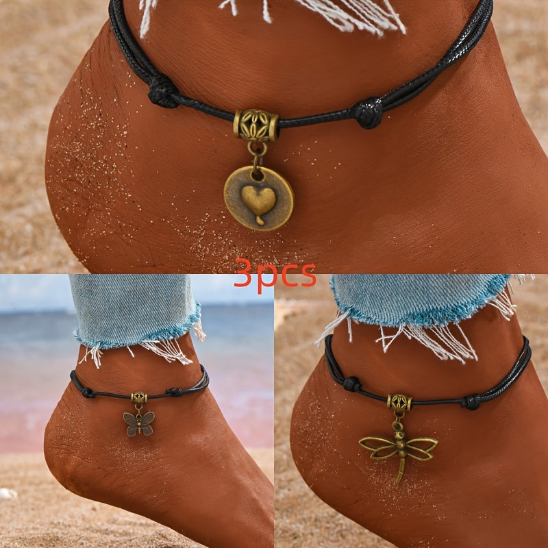 3pcs of Dragonfly/Butterfly/Love Pendant PU Leather Woven Ankle Set,  Drawstring Ankle Bracelet, Summer Beach Travel Accessories, for Teenager