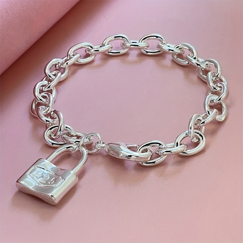 925 Pure Silver Pendant Clasp Bracelet, Stylish Korean Silver Chain Bracelet with Lock, the Perfect Gift Choice!