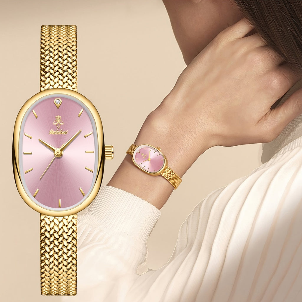 YaLaLuSi Elegant Women'S Quartz Watch Classic Oval Dial Leaf Pattern Bracelet Strap Comes With A Beautiful Gift Box Stylish Women'S Essential Accessories Valentine'S Day Gift Ideas