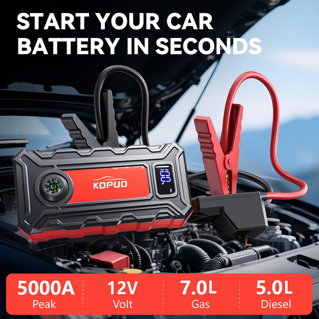 KOPUO 5000A Optional 6000A Car Battery Jump Starter, Battery Jumper Starter Portable (2.38gal Gas/2.11gal Diesel), 65W Charging Jump Box, Portable Car Jump Starter with 160W, Compact, Camping Essentials