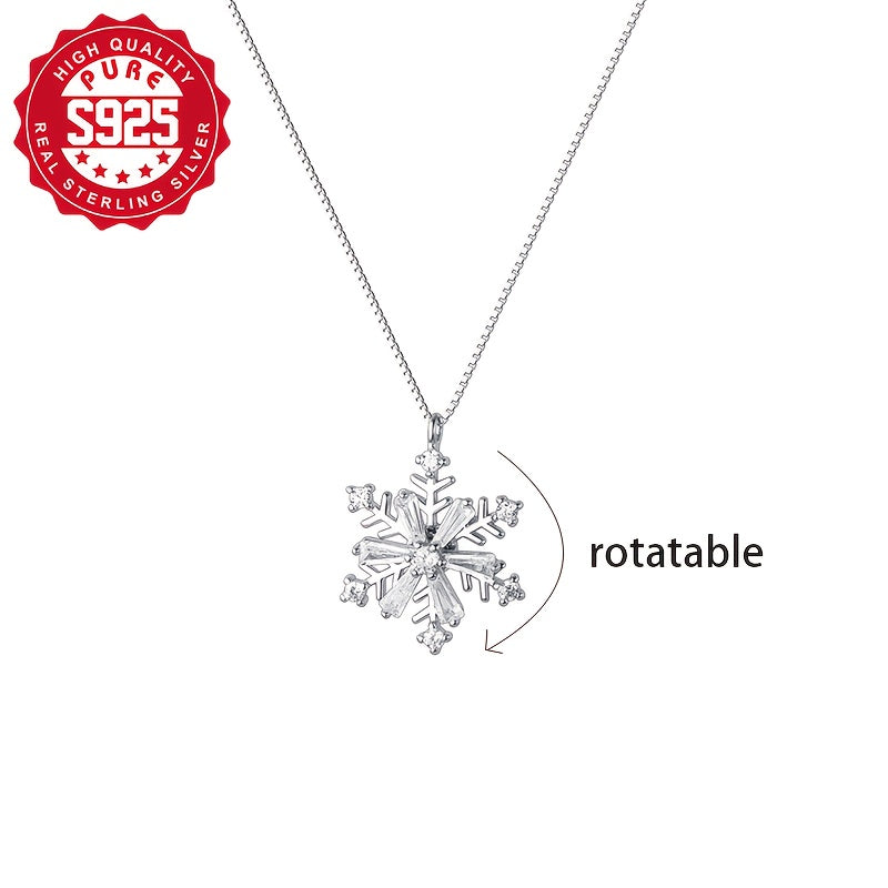 Elegant 925 Sterling Silver Windmill Snowflake Necklace for Women, Rotating Snowflake Pendant with Cubic Synthetic Zirconia Inlay, Hypoallergenic, Perfect Gift for Parties and Casual Attire