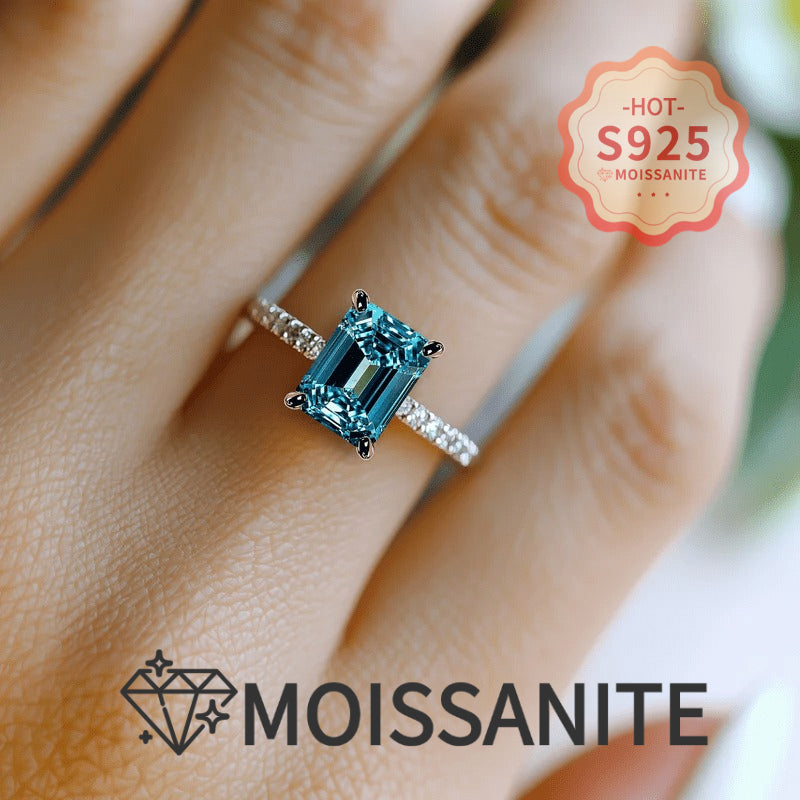 An S925 Silver Fashion Women's Elegant Promise Ring Set with Shiny Square Blue Moissanite, Perfect for Women's EngaSynthetic Gemstoneent And Wedding Rings, Luxurious Bridal Jewelry, A Symbol Of Elegance And Nobility with Certificate