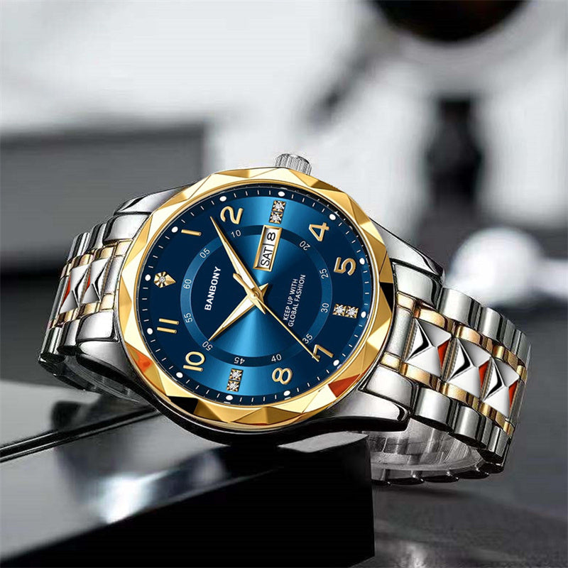New BANBONY Brand Stainless Steel Quartz Watch Men's & Women's with Rhinestone-Embellished Simple Digital Round Dial, Luminous Display Multifunctional Fully Automatic Wristwatch for Casual Sports IPX7 Waterproof Holiday Birthday Family Party Gift