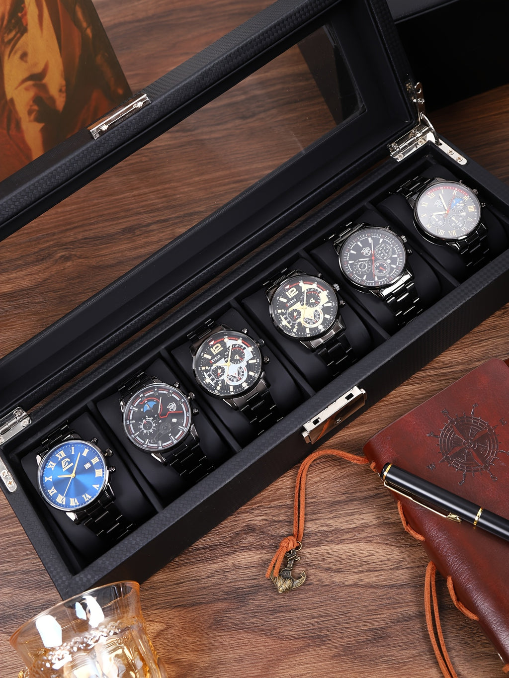 6pcs/Set Luxury Business Men'S Watches Male Golden Stainless Steel Date Quartz Wrist Watch Fashion Casual Sports Men'S Watch Gift for Men