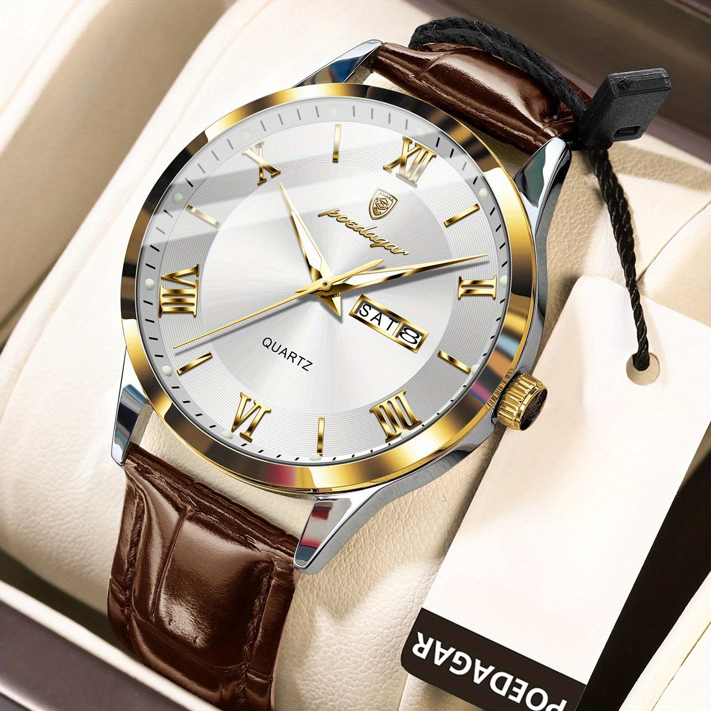 [Men's Casual Watch] POEDAGAR 978P Men's Fashion Casual Watch, 3ATM Waterproof with Date Function, Round Dial, PU Leather Band