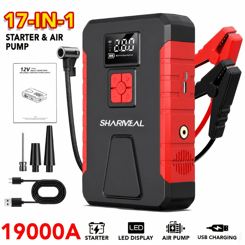[Portable Jump Starter] 15000A-19000A Peak 350PSI 12V 17-in-1 Portable Jump Starter with Air Compressor Jump Starter, Car Battery Charger, Car Jump Starter with Air Compressor, Jump Starter Para, Car Accessories Tools, LED Light, Battery Charger, Cart Bat