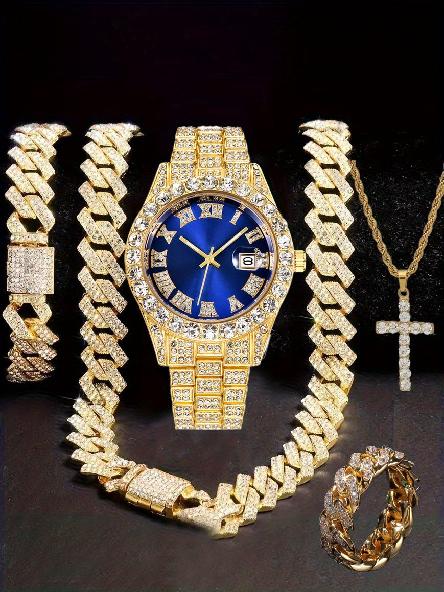 Men'S Hip Hop Set: Trendy Watch, Cuban Chain Pendant Necklace And Bracelet Combo, Stylish Men'S Additions Gift for Christmas, Birthday, Valentine'S Day, And Father'S Day