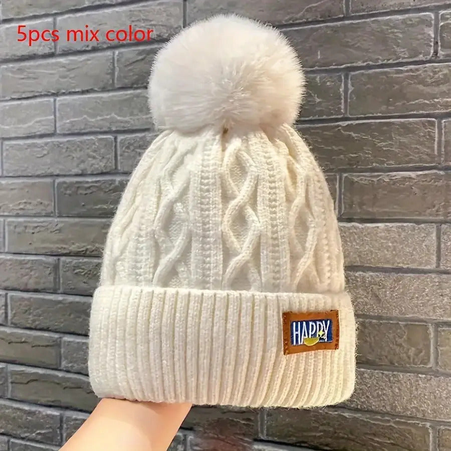 5pcs Women'S Winter Bailianie Hat with Fluffy Bubbles - Thick And Warm, Elastic for Cold Weather - Everyday And Formal Wear - Happy Logo Women'S Fashion Hat, Winter Hat, for Cold Weather Gear, Joke Design, Moisture-Wicking Fabric, S