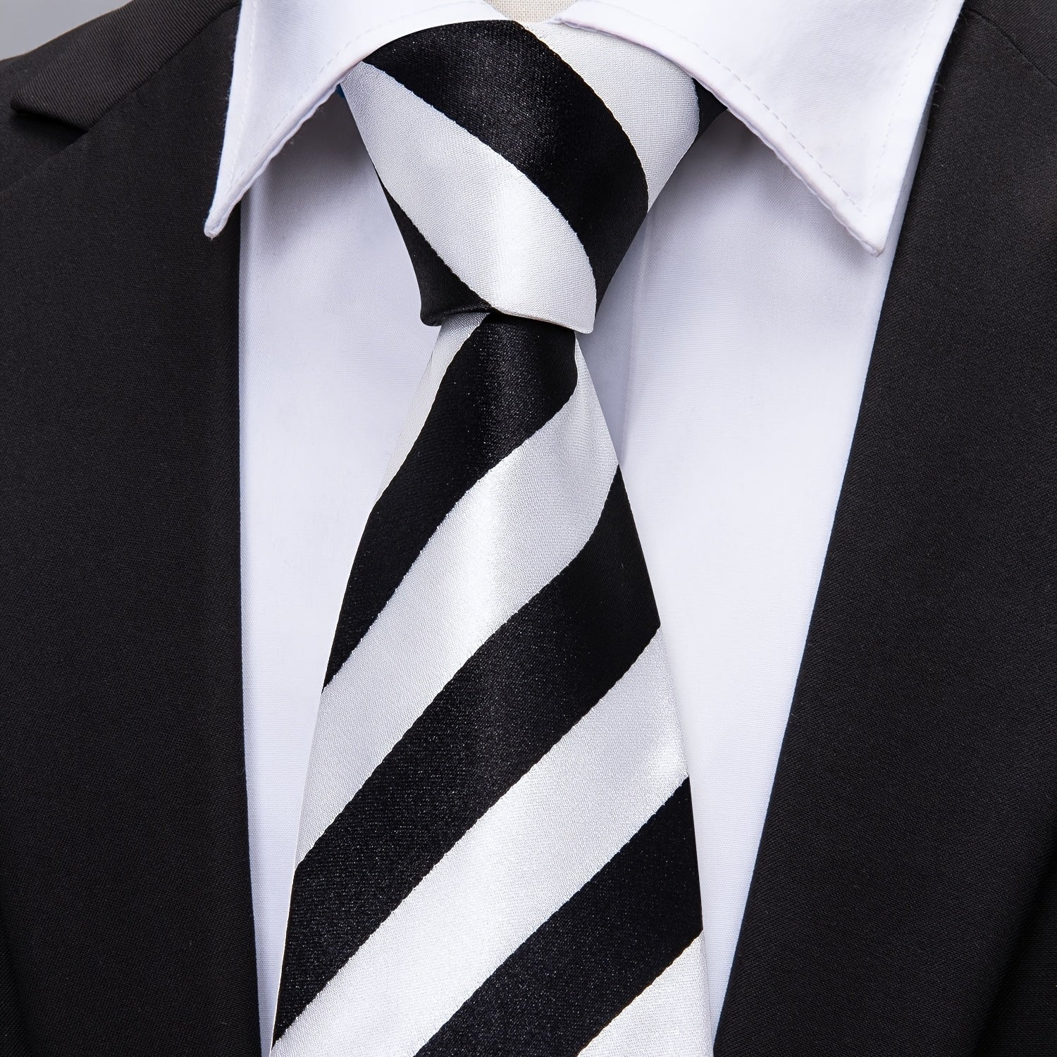 VERVEROW 1set Black White Stripped Mens Classic Tie Necktie Pocket Square Cufflinks Golden Ring Set