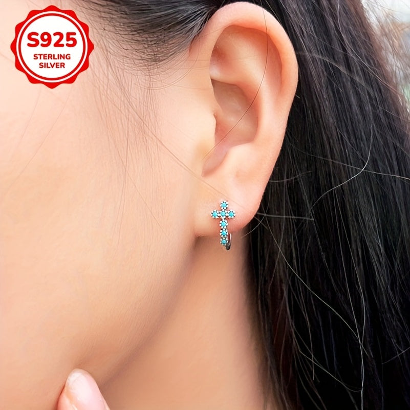 A Pair of New Blue Synthetic Turquoise Cross Earrings for Women, Low Allergenic, Made of 925 Sterling Silver, Featuring High-Quality Synthetic Inlay, Simple And Vintage Style, Trendy And Versatile Ear Accessories
