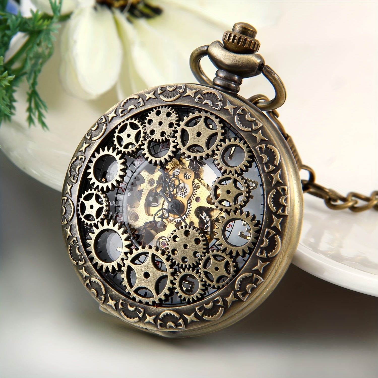 JewelryWe Automatic Mechanical Watch Classic Hollow Gear Skeleton Hand Wind Steampunk Retro Watch with Chain