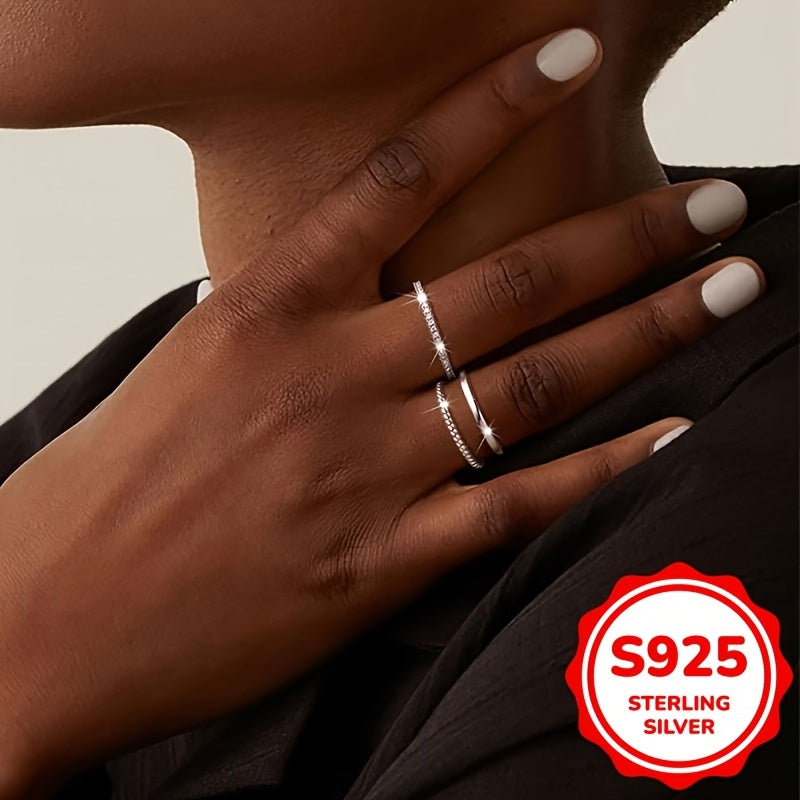 3pcs Set 925 Sterling Silver Rings for Women - Elegant, Stackable, 1g with Cubic, April Birthstone, Perfect for Daily & Party Wear