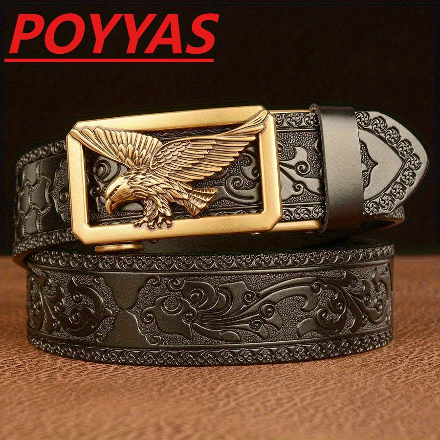 POYYAS Men' & Women' Genuine Leather Belt with Eagle Buckle - Retro Western Cowboy/Buckle Belt Suitable for Men & Women, Adjustable Strap, Durable Casual/Formal Wear for Festive Occasions (Father' Day Gift)
