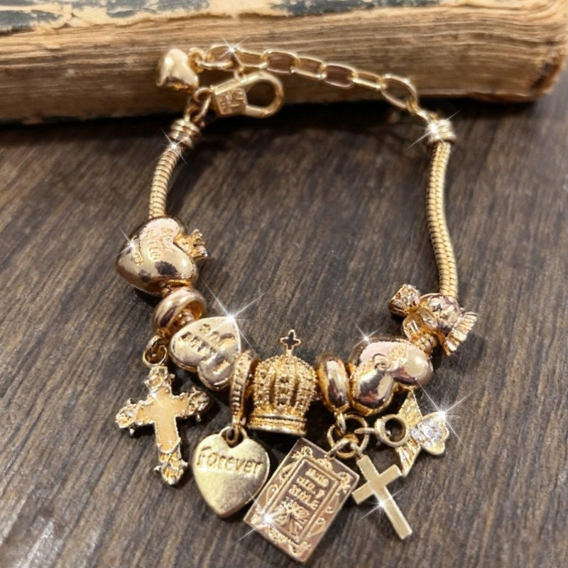 Luminous Cross Bible Angel Crown Charm Bracelet Suitable for - Detachable Adjustable Religious with Bible Charms, Bohemian Gift for &, Year-Round Wearable for Christmas, Birthdays, Mardi Gras (Pan Family Bracelet)