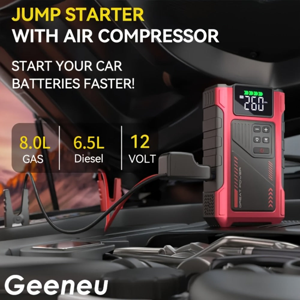 [Portable Jump Starter] 9-in-1 Portable Jump Starter with Air Compressor, Jump Starter for Car, Battery Jump Starter Portable, Car Battery Charger Portable For12V(8.0LGas/6.5L Diesel) Start The Car Quickly, USB Input/output, LED Emergency, Car Accessories