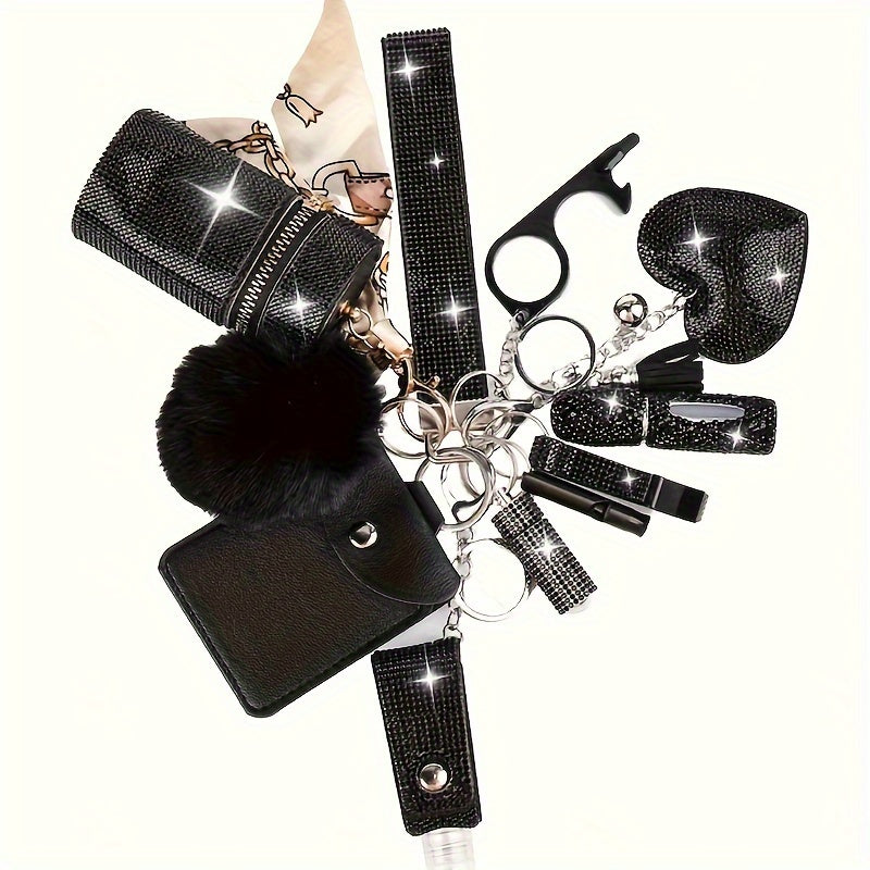 11pcs Ladies Keychain Set with Rhinestone Multifunctional Keyring, Card Holder, Storage Bag, Medication Bottle, Whistle, Perfume Bottle - Classic Quote Metal Keychain with Rhinestone Embellishment, Round Buckle, Whistle Included