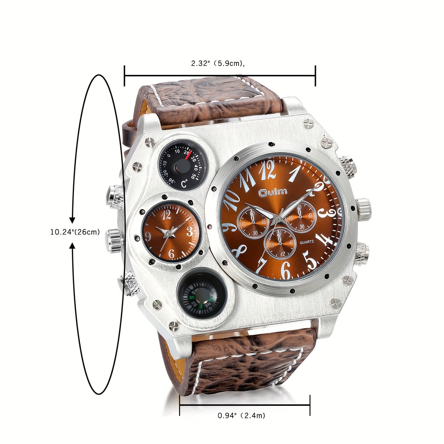 Men 2 Time Zone Big Quartz Watch Mens Faux Leather Wrist Watch Casual Sports Wirstwatch