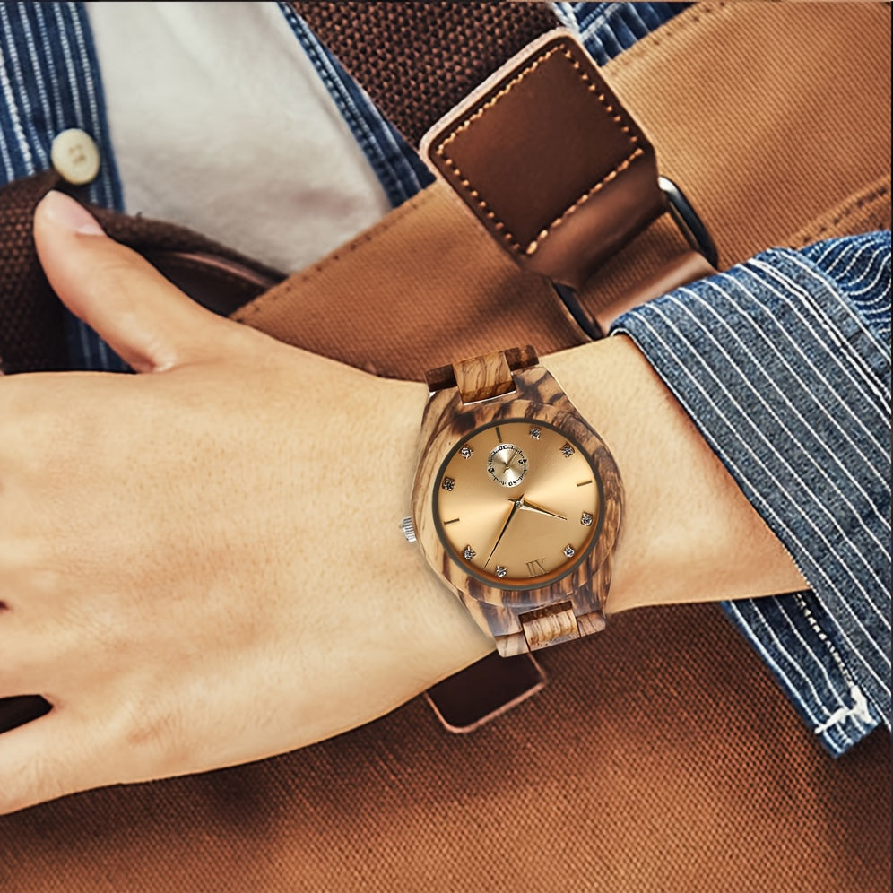 Chic Women'S Wooden Watch with Zebra Print Band, Golden-Tone Dial & Rhinestone Accents - Quartz Movement