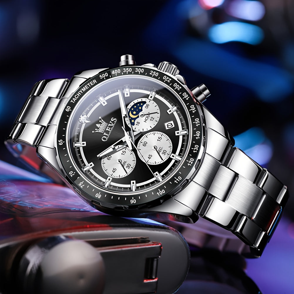 OLEVS Men's Luxury Watch Luminous Easy Read Chronograph Watches Moon Phase Quartz Male Watch Wrist Watch Big Face with Calendar Wristwatch Relojes De Hombre