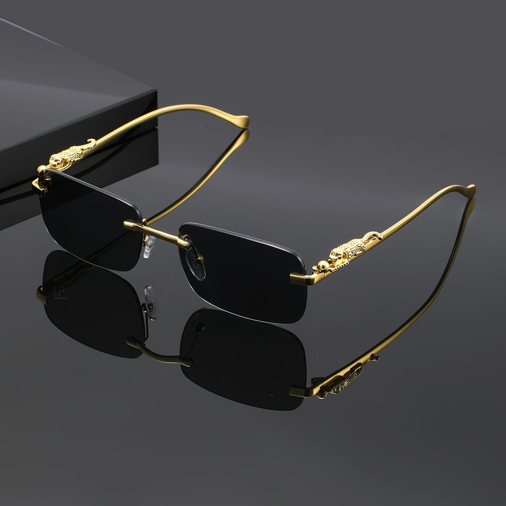 A Unique Pair of Glasses with Leopard Print Design And Frameless Square Lenses, with Glasses Case And Cleaning Cloth Suitable for Casual Gatherings And Fashionable Outfits. They Are a Perfect Photo Prop for Both Men And Women