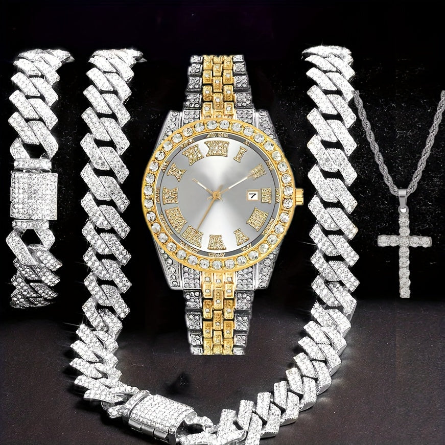 4pcs Men's Hip-Hop Rhinestone Jewelry Set with Quartz Watch (Calendar & Analog) & Matching Cross Pendant Necklace & Bracelet - & Special Occasion, Luxury Gift for Him - Low-Voltage Operation Suitable for Parties, Nightclubs, Weddings, Casual Attire