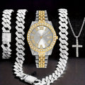 4pcs Men's Hip-Hop Rhinestone Jewelry Set with Quartz Watch (Calendar & Analog) & Matching Cross Pendant Necklace & Bracelet - & Special Occasion, Luxury Gift for Him - Low-Voltage Operation Suitable for Parties, Nightclubs, Weddings, Casual Attire