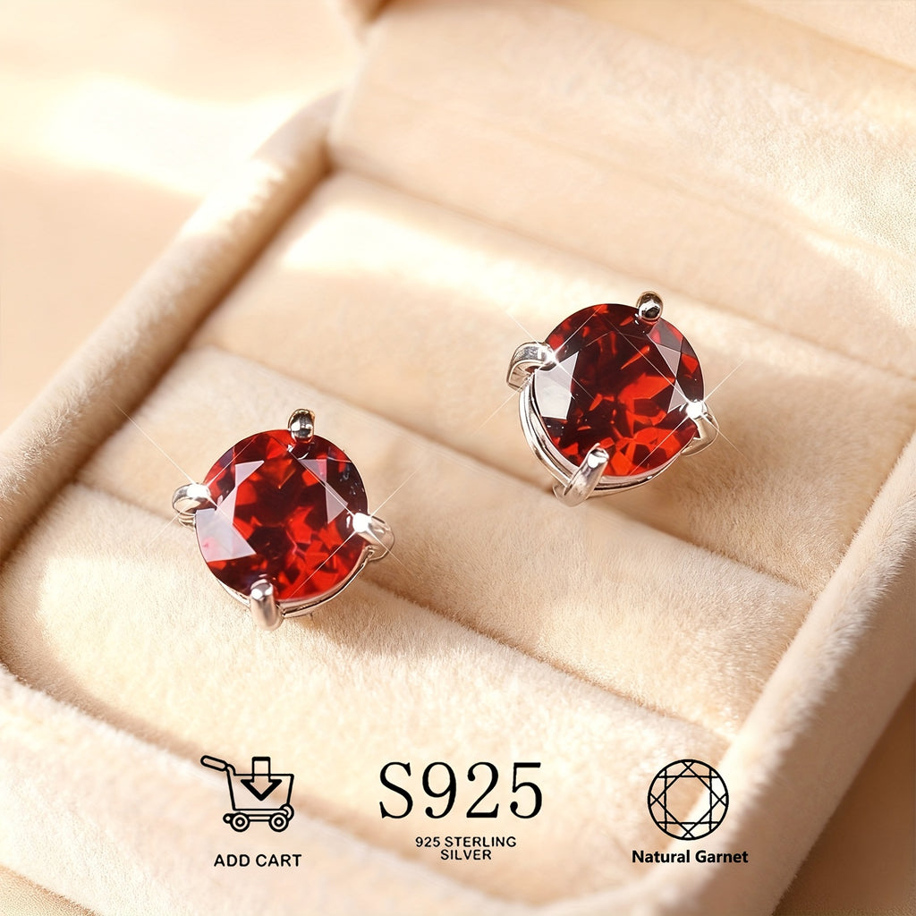 Natural Garnet S925 Silver Stud Earrings, Hypoallergenic, Lightweight, and Durable, Sexy and Elegant Ear Accessories, January Birthstone