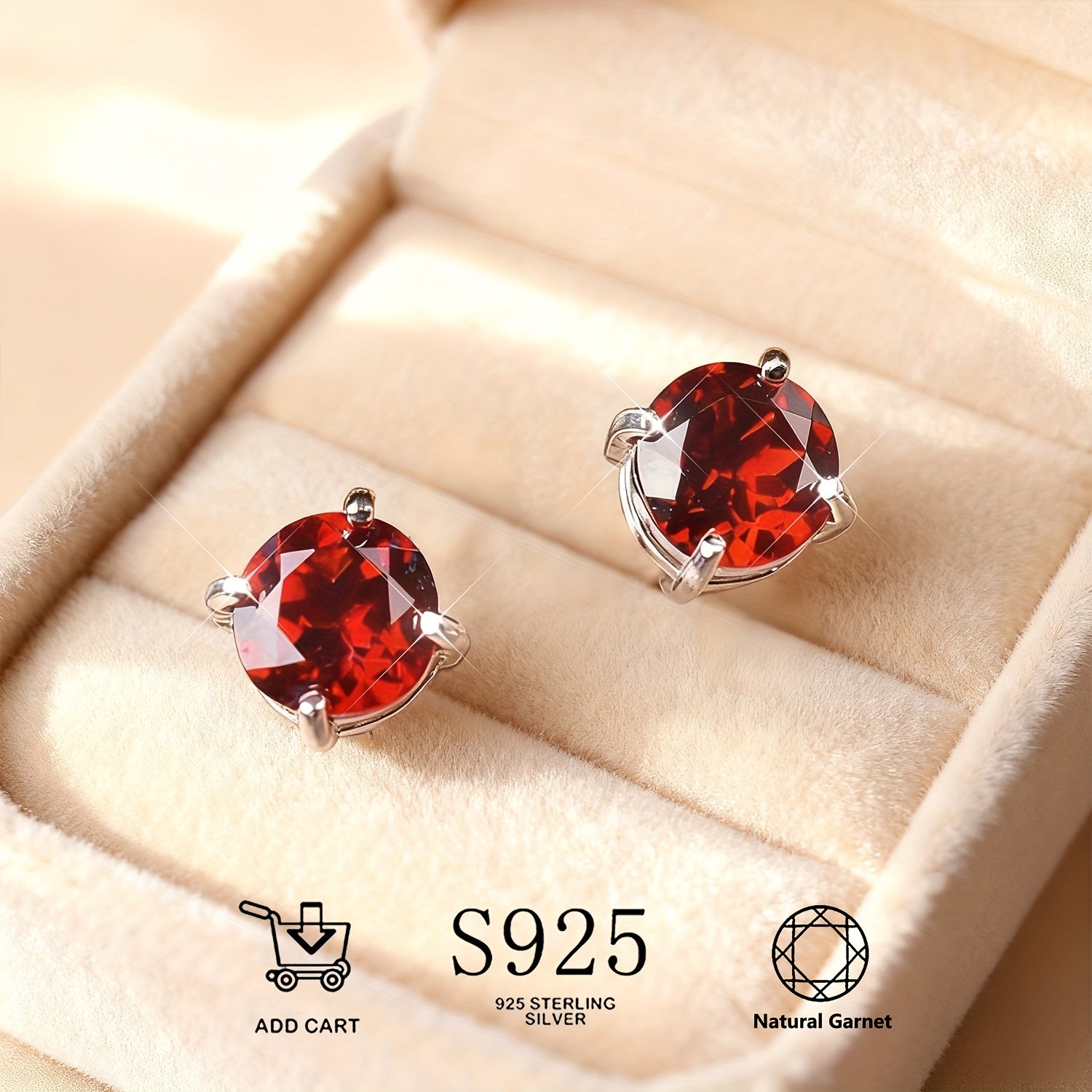 Natural Garnet S925 Silver Stud Earrings, Hypoallergenic, Lightweight, and Durable, Sexy and Elegant Ear Accessories, January Birthstone