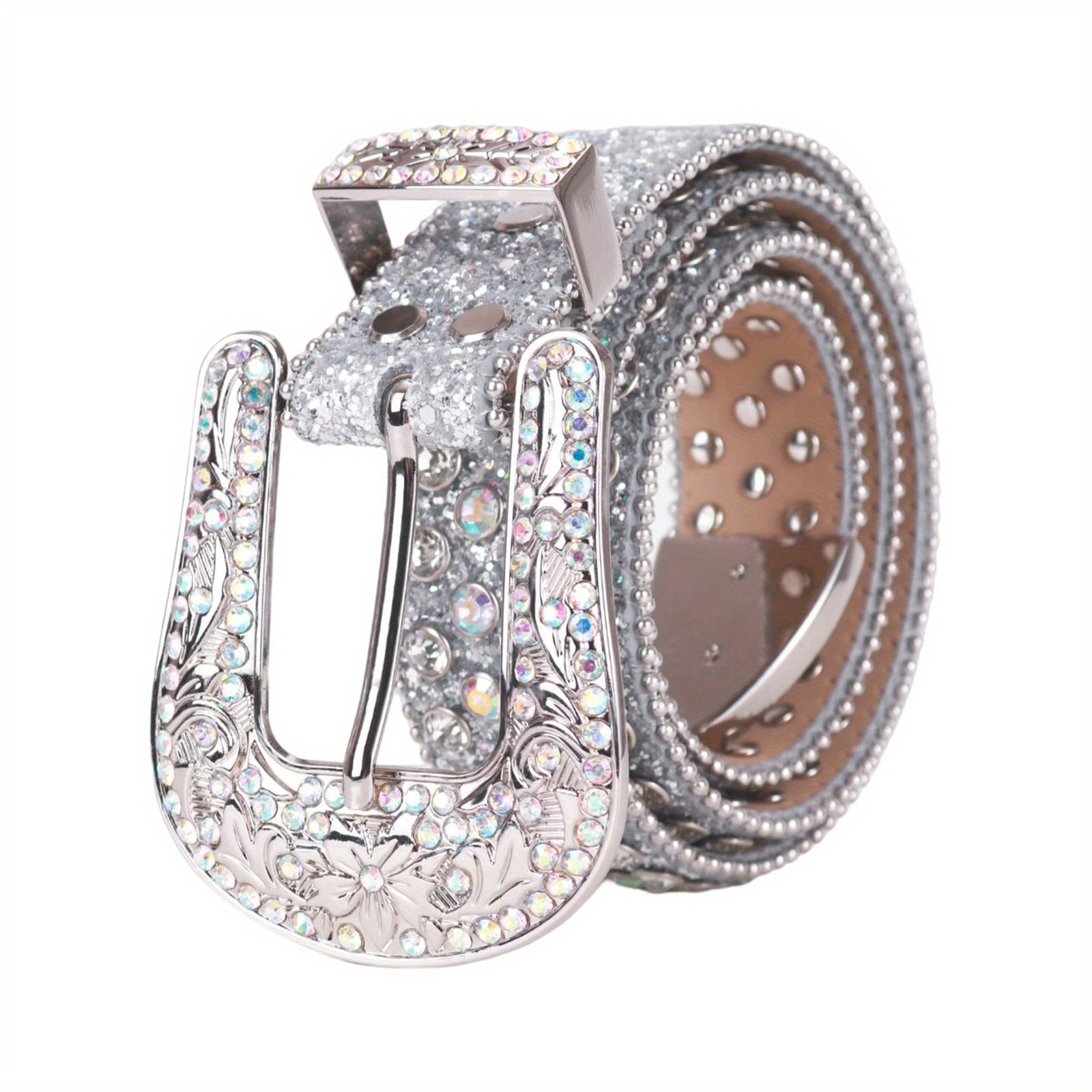 Silvery Sparkle Rhinestone Belts Women'S Luxury Bling Bling Carved Buckle Belt Punk Cowgirl Cowboy Crystal Studded Belts for Jeans