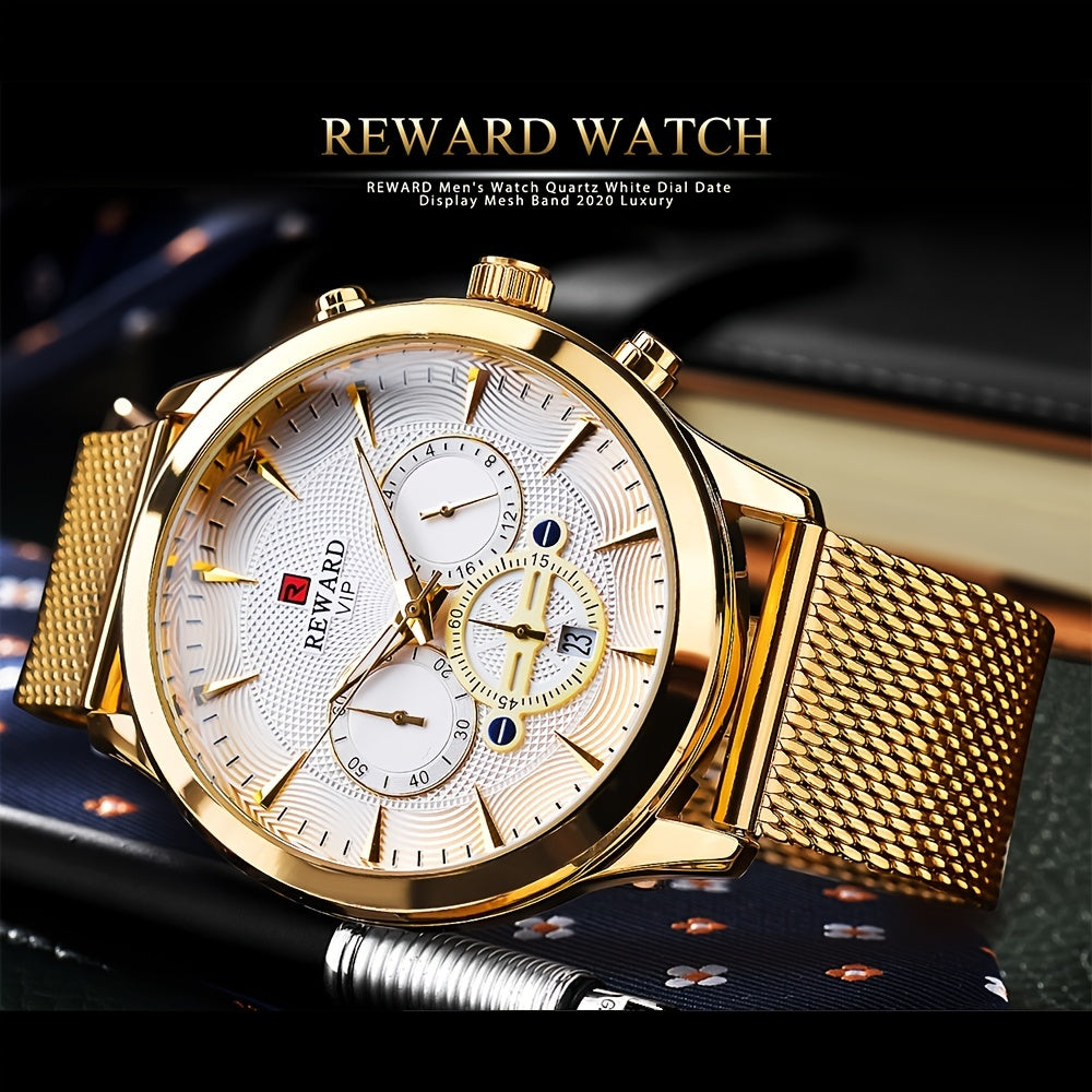 [Luminous Watch] REWARD Men's Watch, 1pc Chronograph Luminous Golden Watch | Stainless Steel Strap, Ideal Choice for Gifts