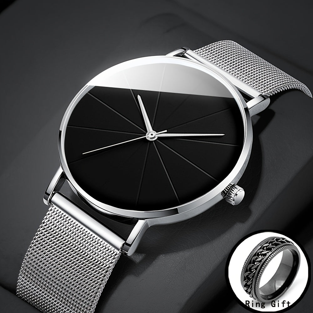 [Elegant Minimalist Watch] Elegant Minimalist Large Dial Watch with Rose Golden Case And Mesh Strap - Japanese Quartz Movement, Analog Display, Zinc Alloy, Screw-Back Closure for Men And Women