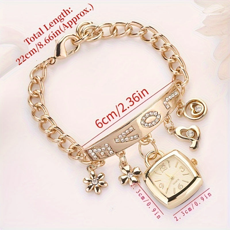 Women'S Bracelet Watch LOVE Quartz Watch Flower Decor Tonneau Dress Watch Ladies Exquisite Casual Watch Anniversay Birthday Christmas New Year Gifts
