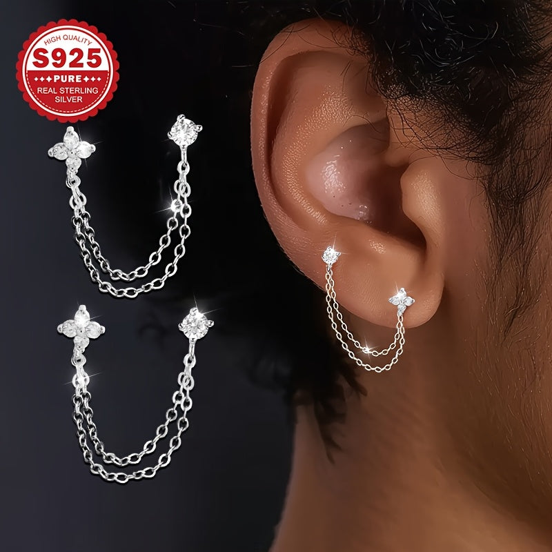 1 Pair of Classic Women'S Earrings, S925 Sterling Silvery Synthetic Zirconia Four-Flower Chain Style Studs, Elegant and Stylish, Hypoallergenic for Versatile Wear
