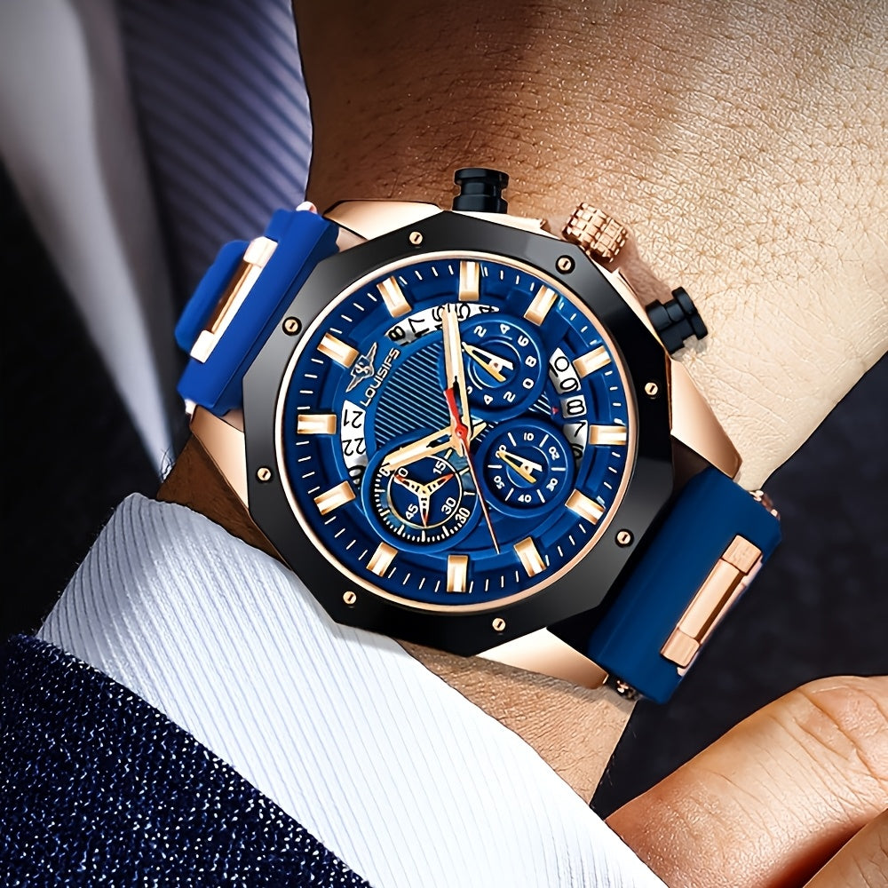 Men's Luxury Large Dial Chronograph Wristwatch - Blue & Golden Analog Watch with Day/Date/Month Display, Quartz Movement, 24H Chronograph, High Quality 1181.1inch, Elegant Brown Strap & Golden Buckle, Multi-Functional Business & Sports Watch for Formal &