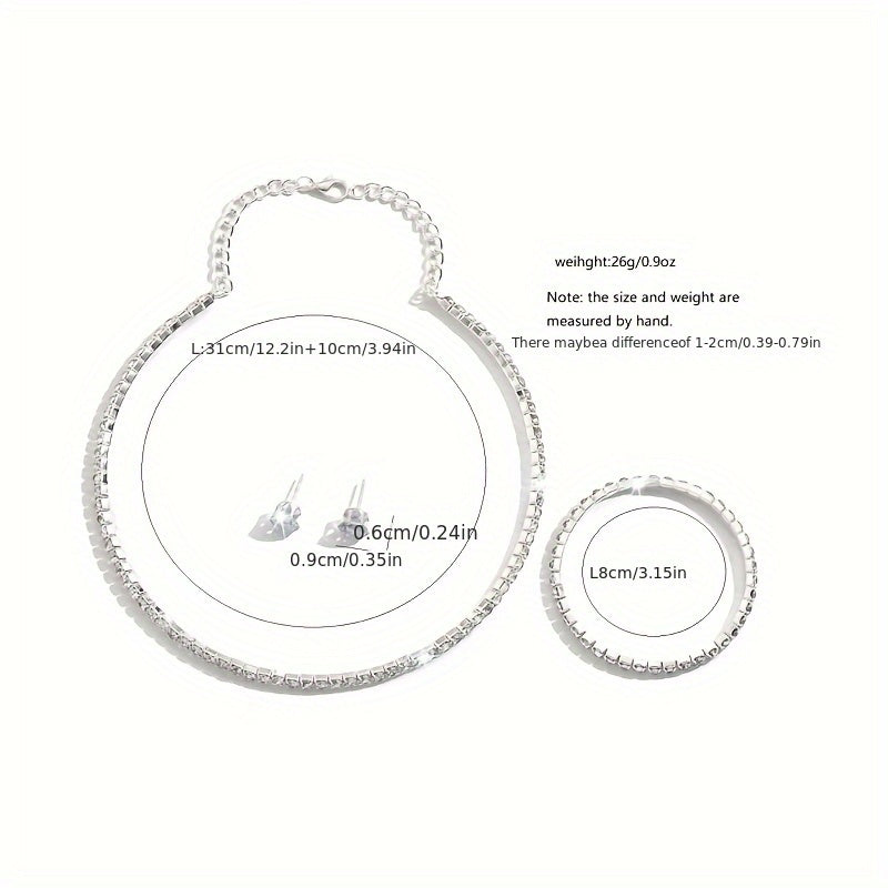 3pcs Set 925 Silvery Ladies Necklace Bracelet with Moissanite Delicate Silvery Choker Necklace Bracelet Stud Earrings Jewelry Set Gift for High Quality Women's Jewelry